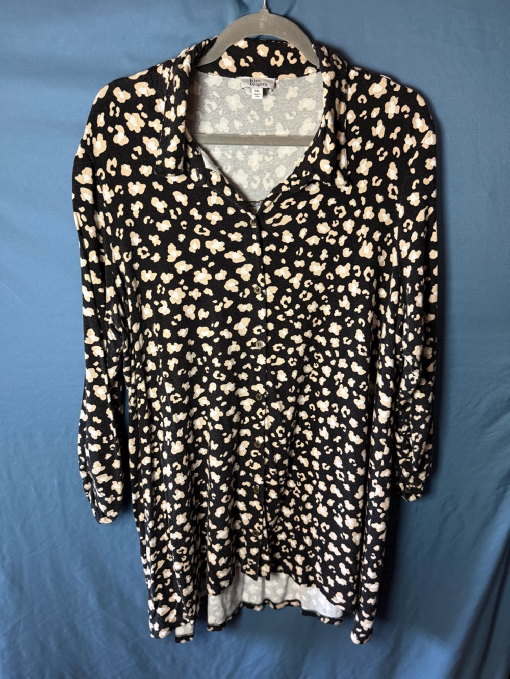 Kim Rogers Black and Cream Floral-Spot Button Front Tunic